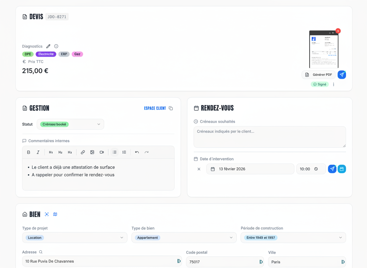 Interface de gestion Joole sur ordinateur — tableau de bord diagnostics immobiliers