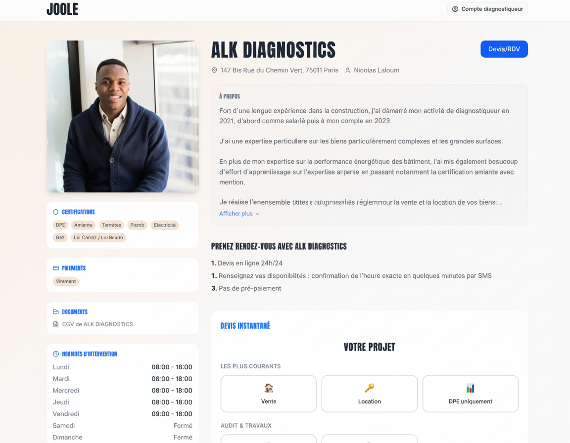 Profil public SEO du diagnostiqueur immobilier sur Joole